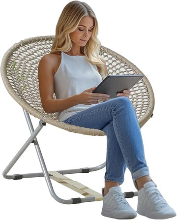 Folding Moon Saucer Chair Soft Macrame, Boho Chic Design Ideal for Teens & Adults for Kids Beige (Light Brown)