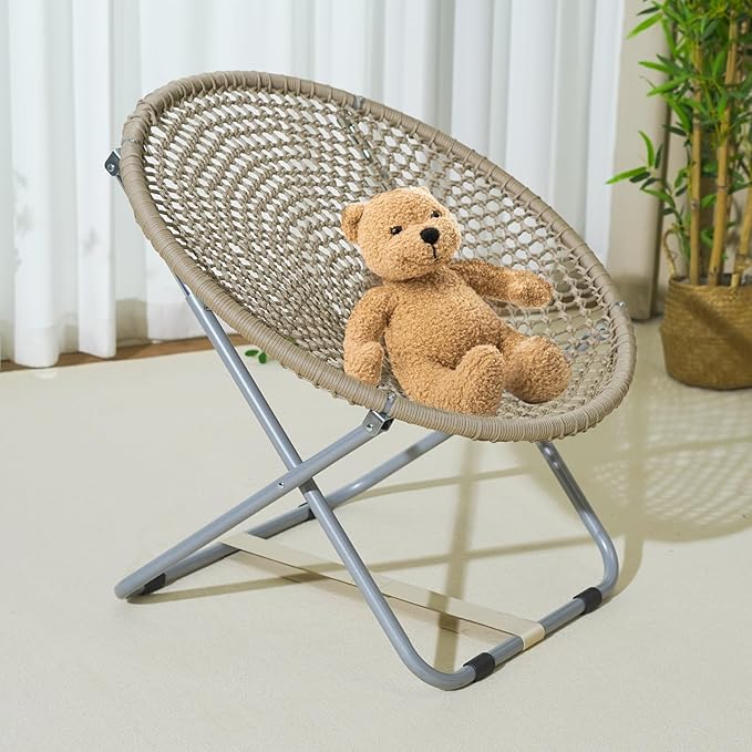 Folding Moon Saucer Chair Soft Macrame, Boho Chic Design Ideal for Teens & Adults for Kids Beige (Light Brown)
